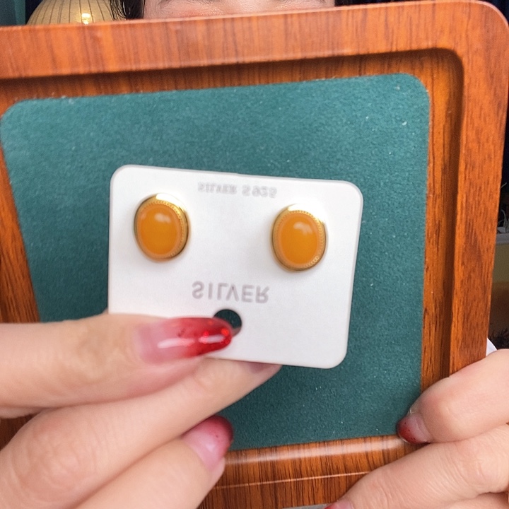 蜜蜡耳饰银S925镶嵌耳钉