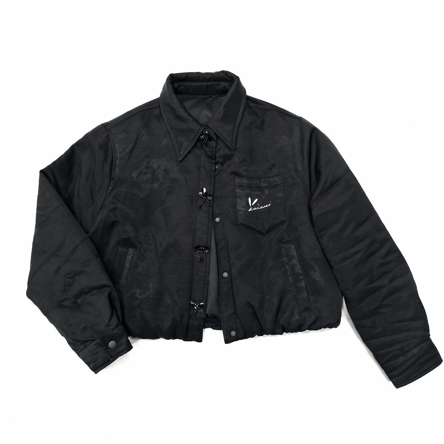 天丝亚麻黑色刺绣翻领冬季短款轻薄鹅绒外套