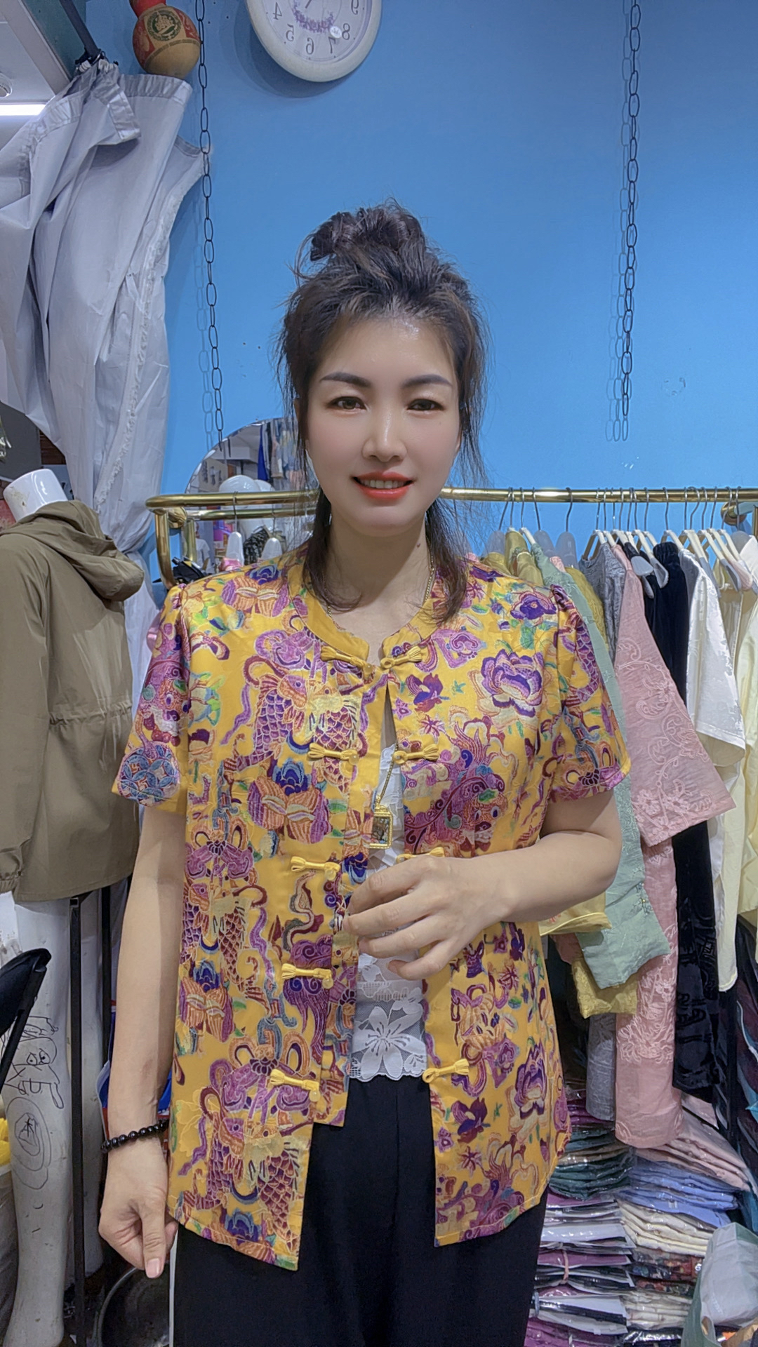 中式国风如鱼得水盘扣短袖印花开衫，夏季洋气复古上衣
