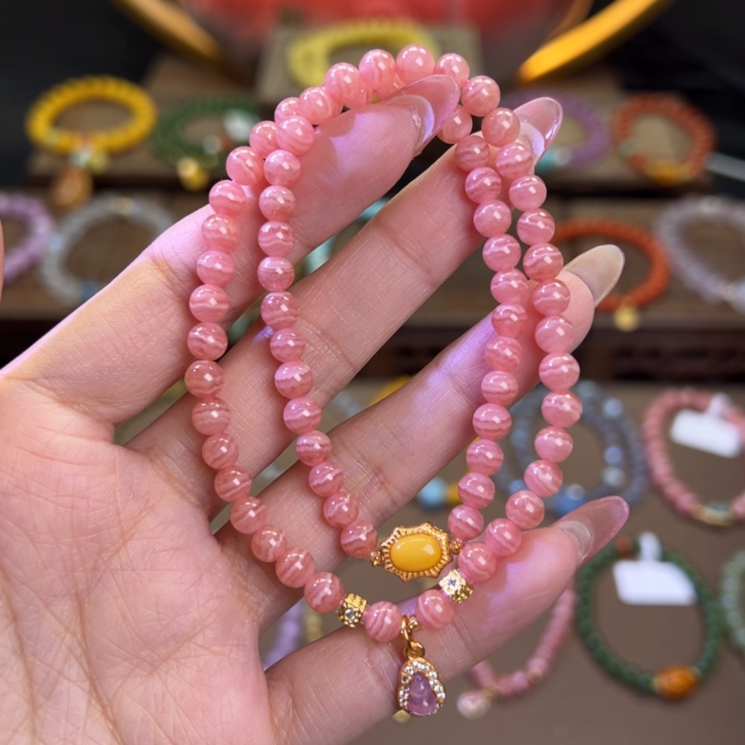 菱锰矿（红纹石）手串银S925镶嵌巴**路双圈