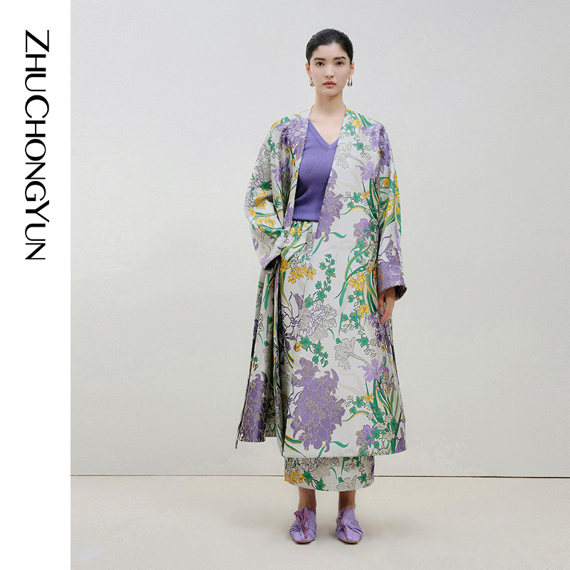 ZHUCHONGYUN春新中式花卉提花风衣系带A摆外套C1EG1209D