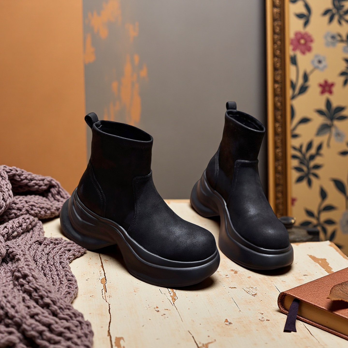 温柔靴子2025年秋冬新款弹力厚底短靴小个子瘦瘦靴子黑色圆头靴子