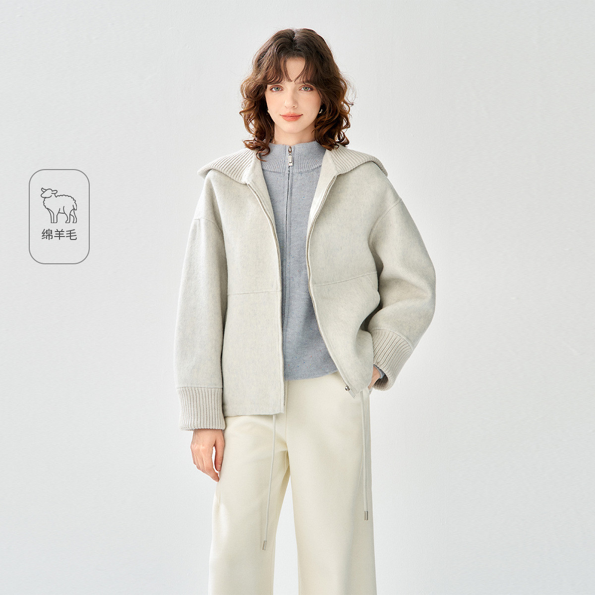 2025冬款拼接连帽短款毛呢外套洋气羊毛休闲双面呢大衣女N54JD013