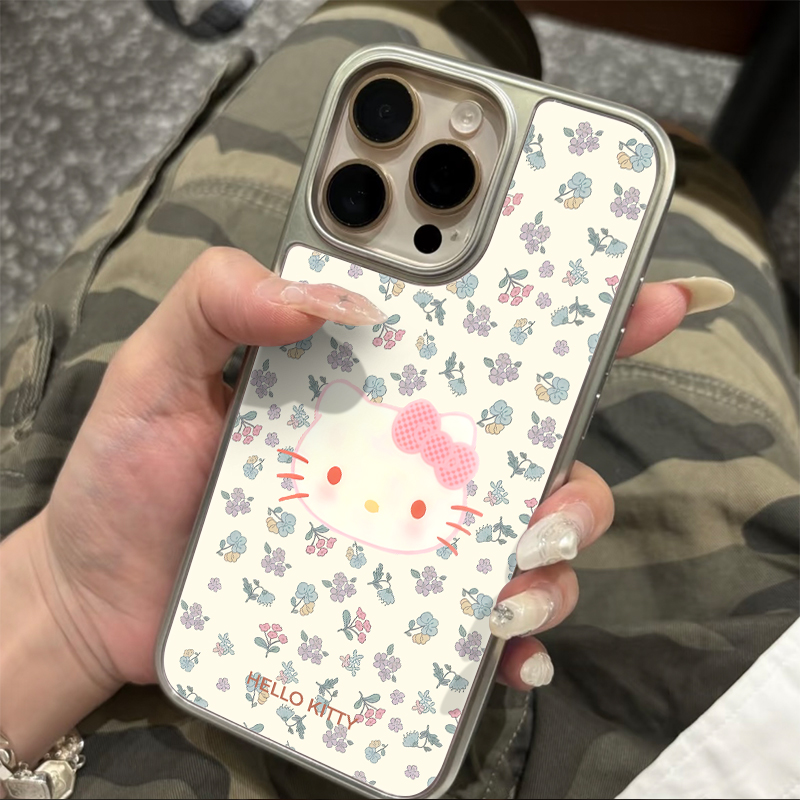 满屏鲜花凯蒂猫适用iPhone苹果15promax手机壳16e简约16卡通玻璃
