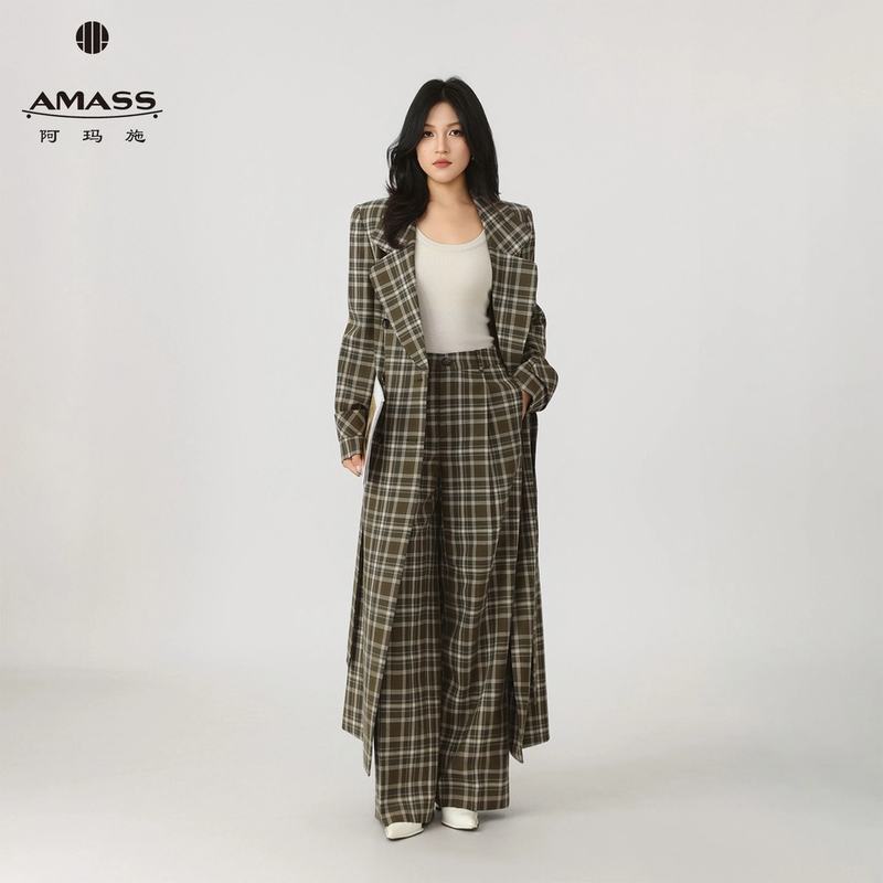 AMASS/阿玛施 秋冬格子毛呢千鸟格时尚宽松大衣外套附腰带540081