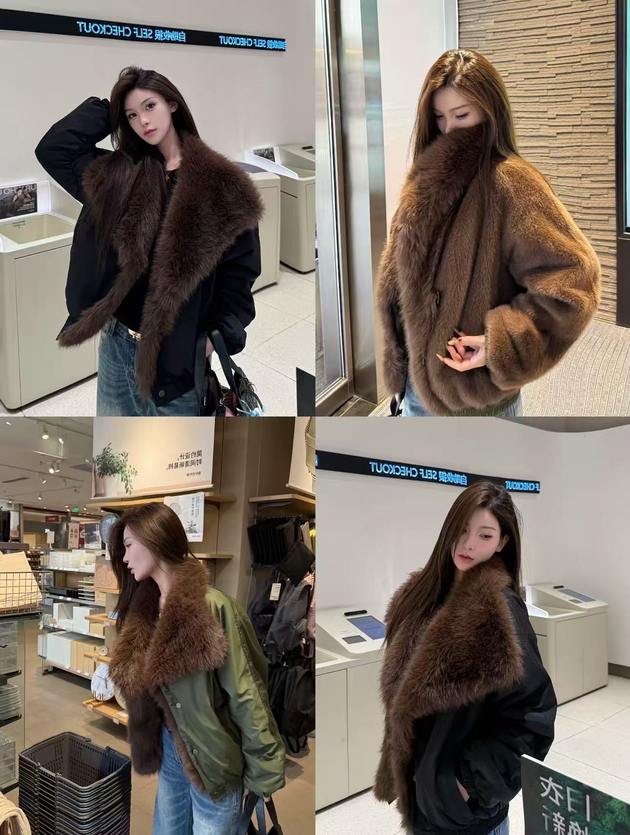 “街头暖炉”厚款简约拼接显瘦双面穿时尚短外套大毛领