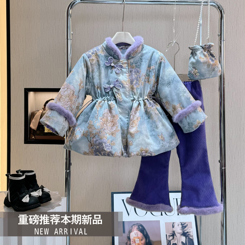 【现货】女童冬装国风棉服外套新款冬季加绒加厚女孩时尚洋气棉套装