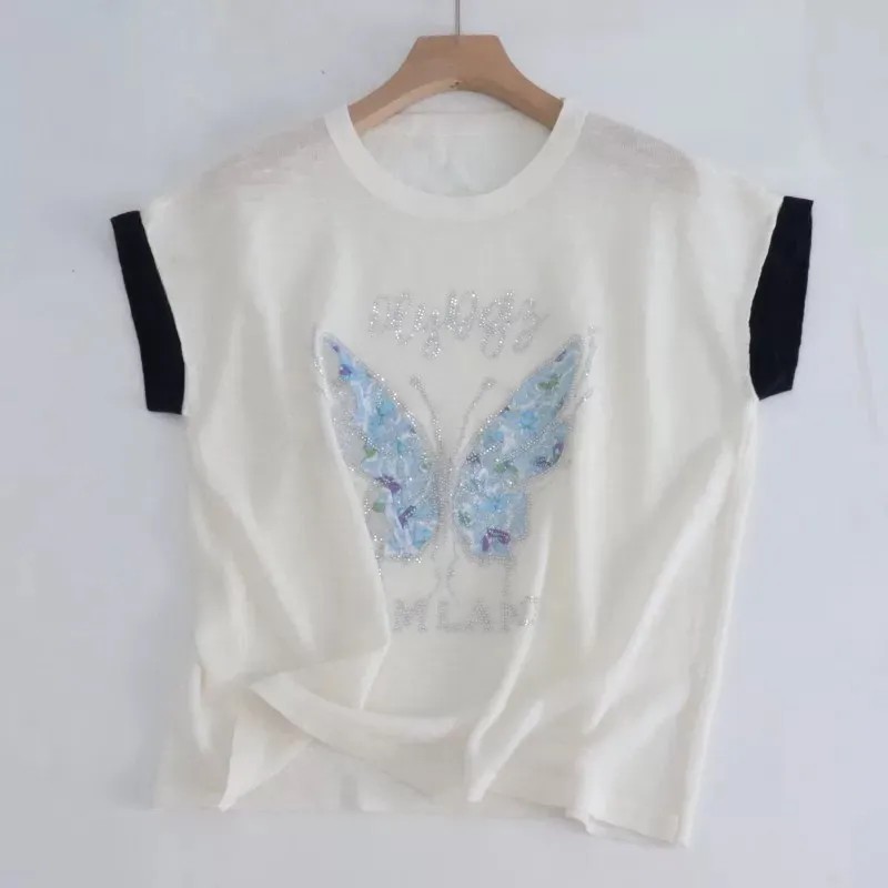 781 新款上衣蝴蝶针织衫短袖2025夏季宽松百搭撞色T恤