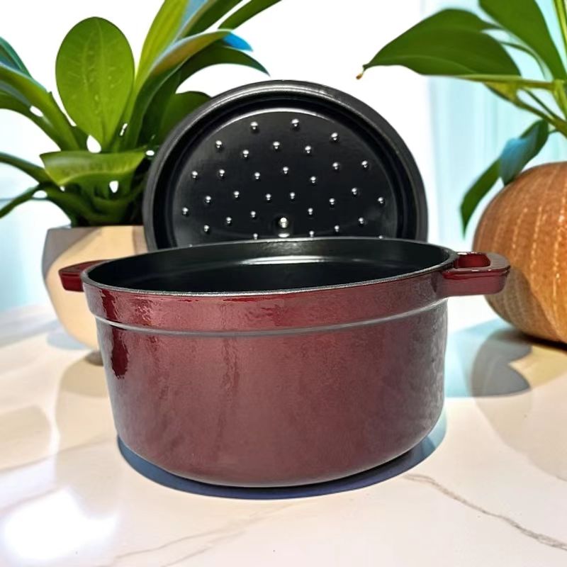 微瑕铸铁珐琅锅22高光酒红色内黑炖锅多用锅无涂层家用Z煲汤
