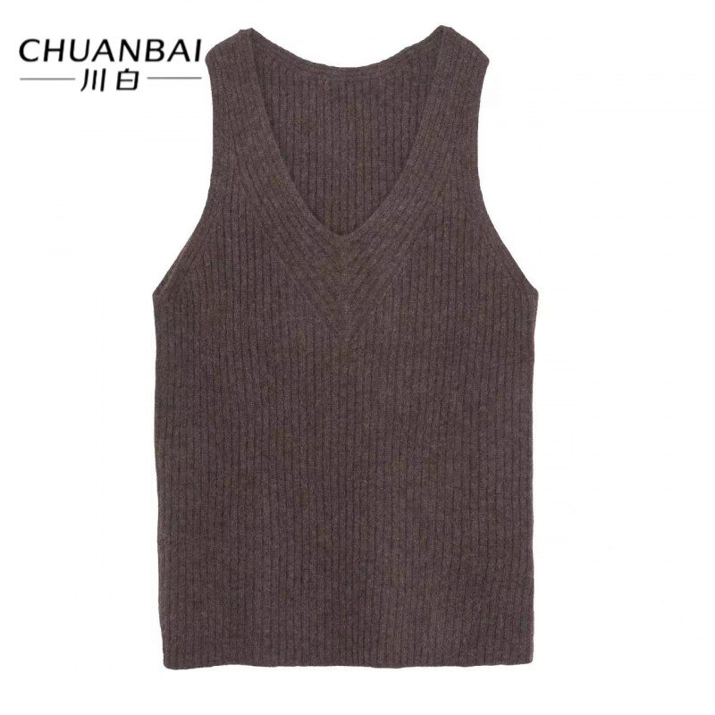 CHUANBAI 川白新款牦牛绒V领坑条简约显瘦百搭针织背心女-16580