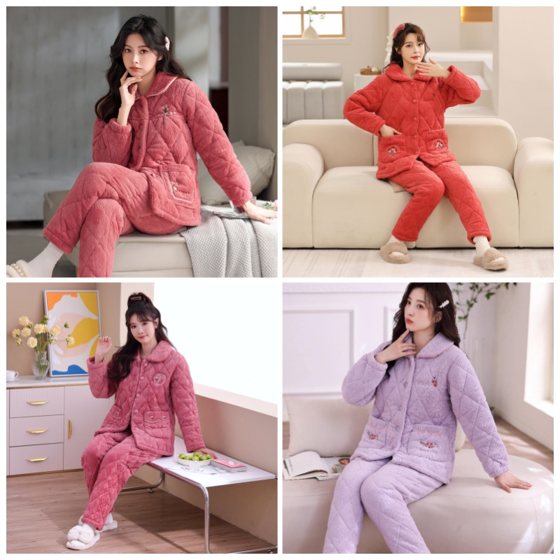 妈妈款【撤柜清苍】大码三层夹棉加厚家居服保暖睡衣冬天中老年套装