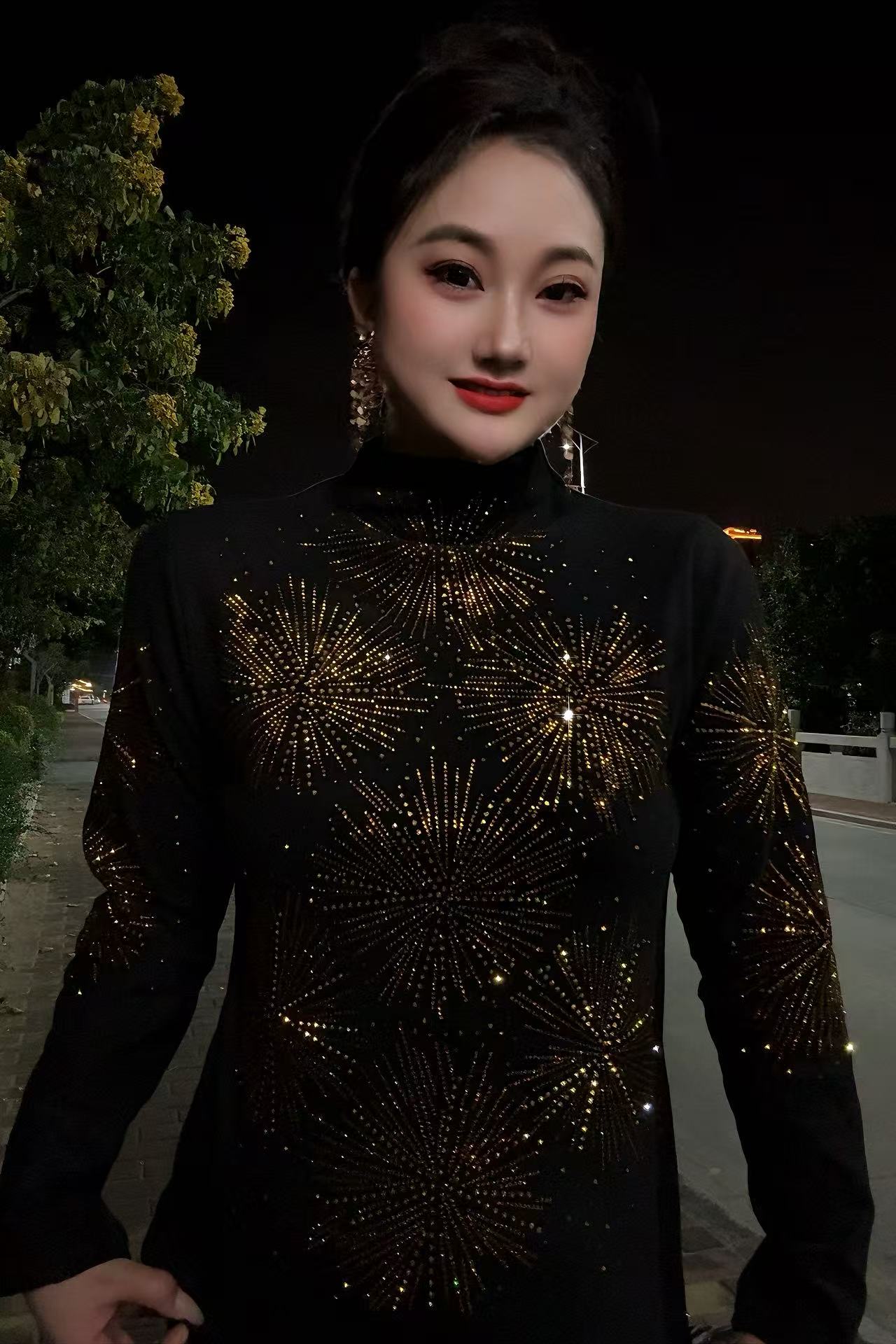 【60金色烟花竹秋冬新款半高领】加绒打底衫内搭时尚烫钻显瘦长袖D