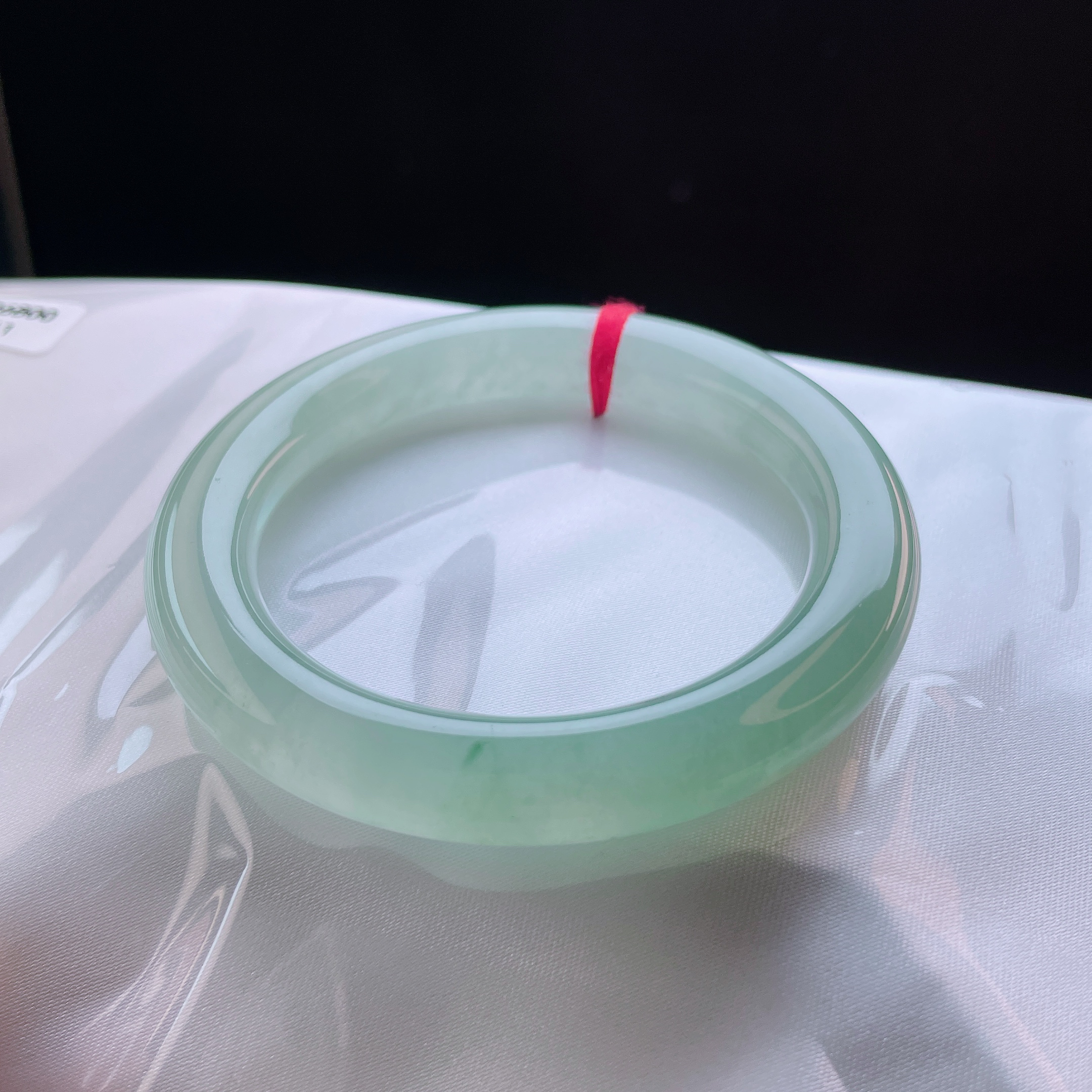 缅甸天然A货翡翠54.5圈口冰种起胶甜绿圆条手镯