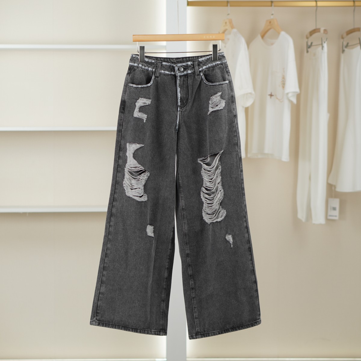 麦迪尚品【文M】51216112 撞色边破洞牛仔裤春秋女装专柜撤柜