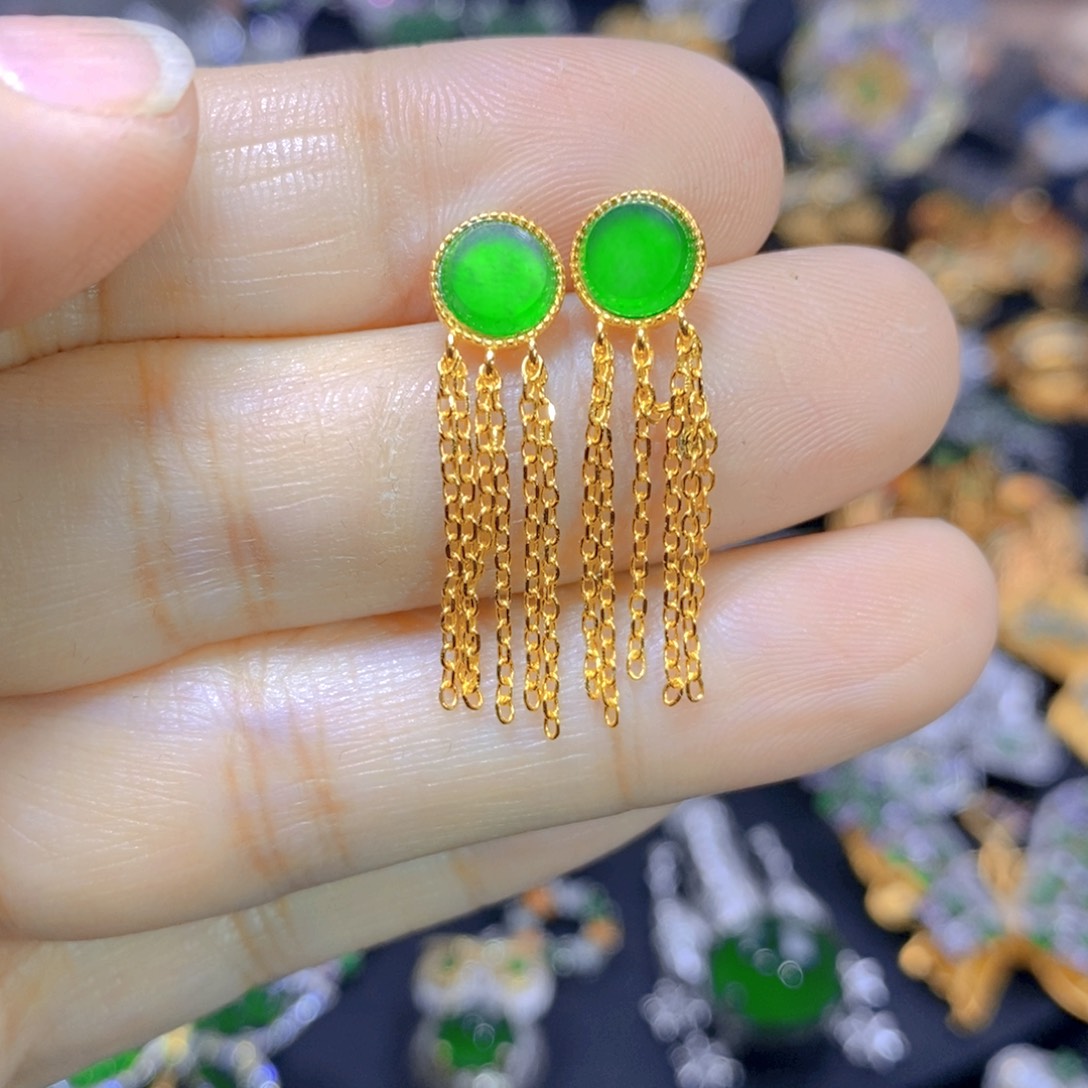 翡翠耳钉银S925镶嵌天然翡翠