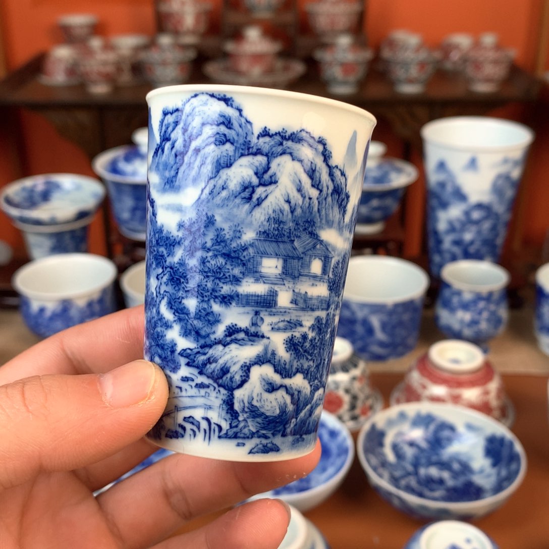 山水主人杯手工手绘