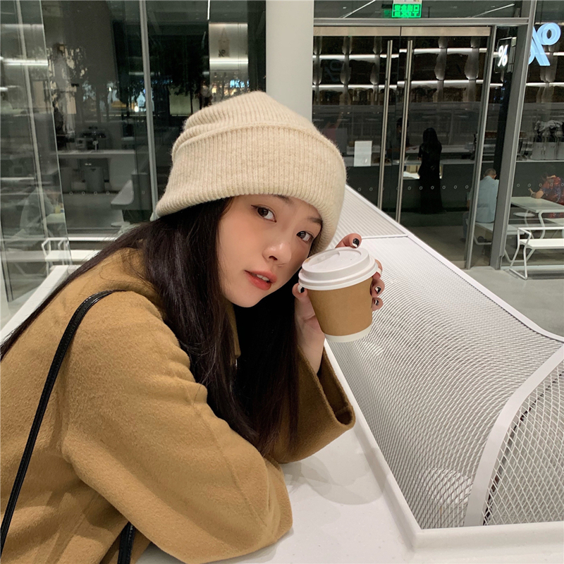 韩版百搭大头围保暖毛线帽女秋冬加厚显脸小护耳堆堆冷帽针织帽子