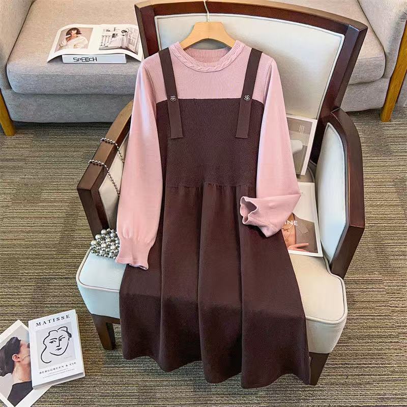 200/350斤胖mm大码宽松长款咖色拼色拼接圆领长袖包芯纱A字中长通