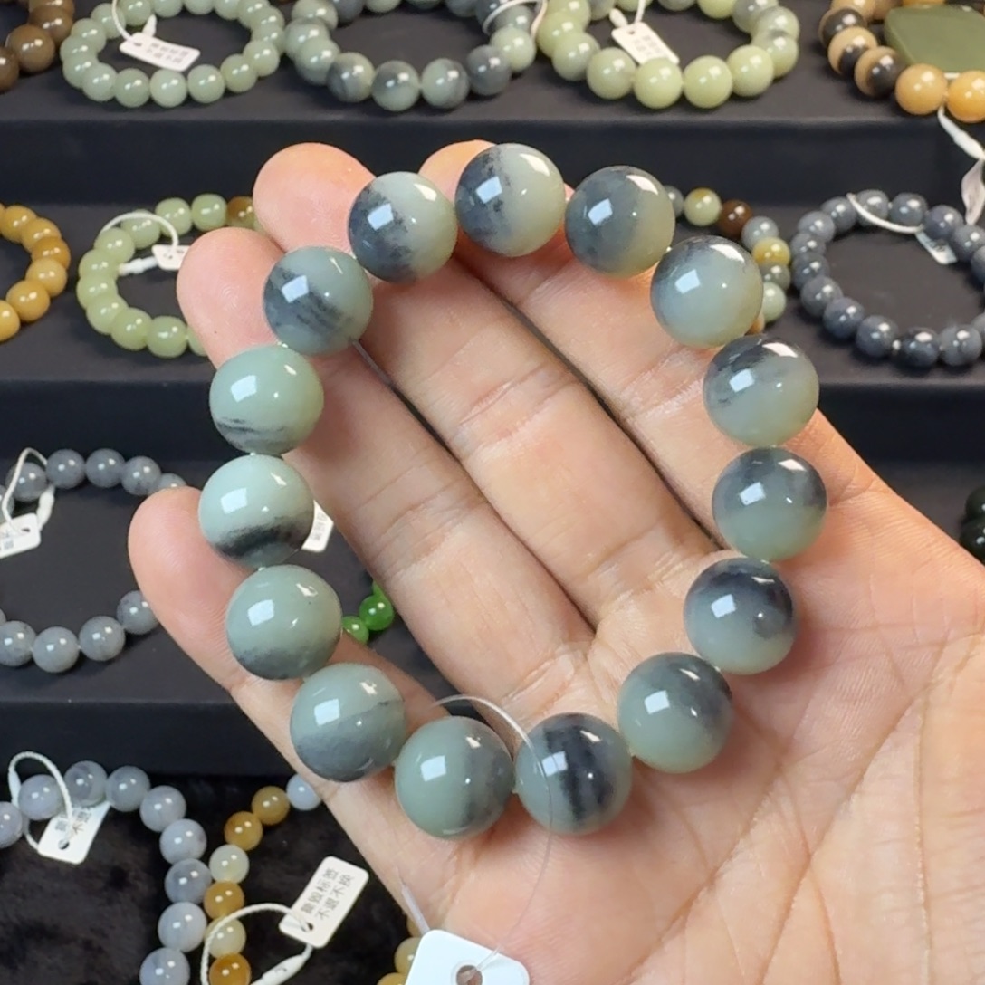 和田玉未镶嵌手链（NGTC国检证书）新疆若羌聚墨青花卡13.5精品