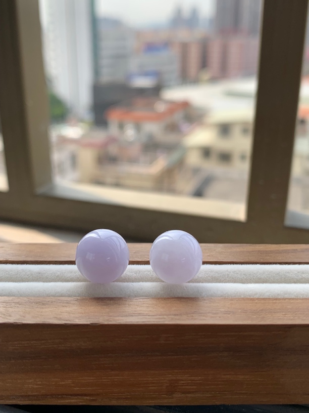 天然缅甸翡翠- 浅紫色圆珠一对11➕