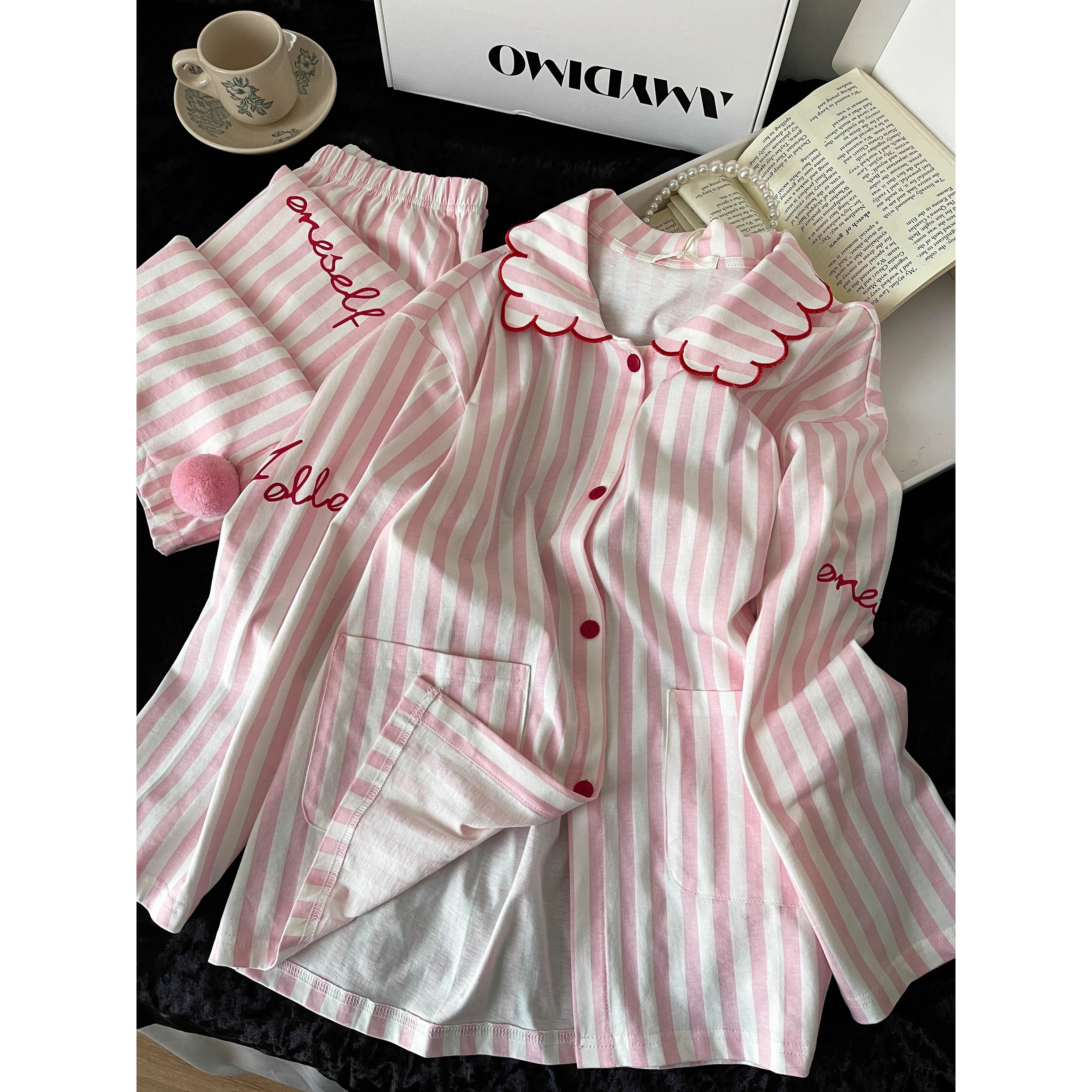 【欧若风穿搭】甜美条纹长袖睡衣女春秋季新款大码家居服套装女外穿