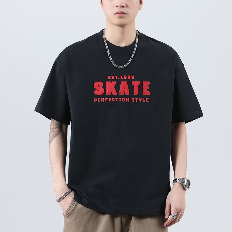 新款潮牌美式高密针织宽松印花时尚百搭男款T短袖