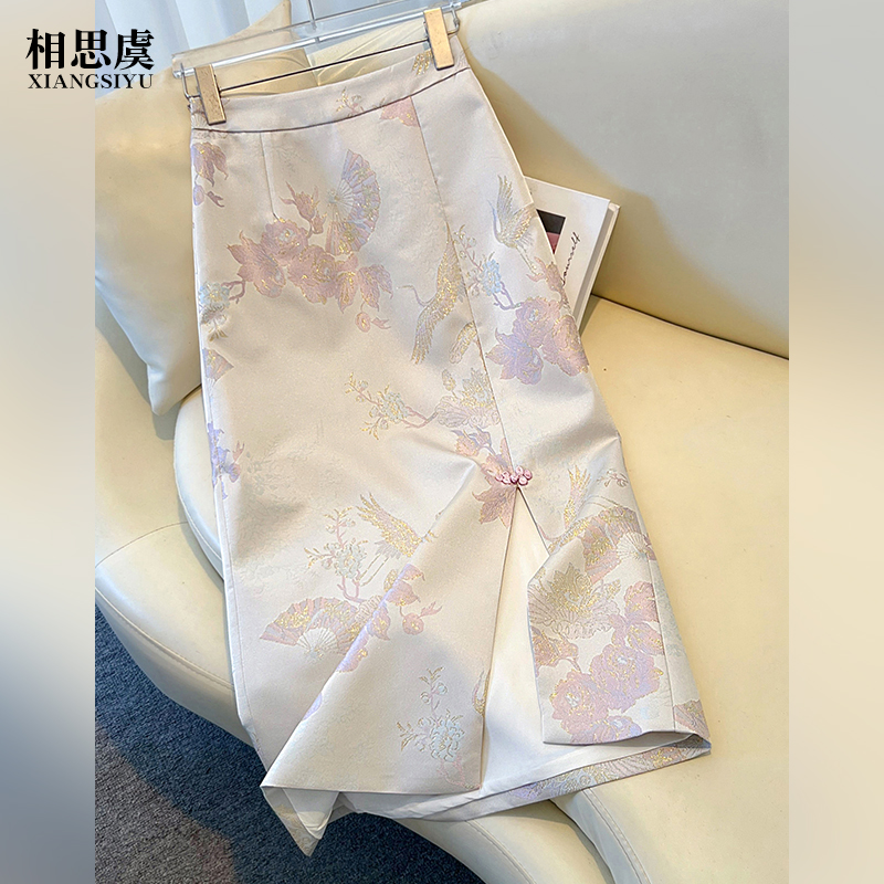 新中式国风半身裙女新款显瘦刺绣开叉包臀裙中长款春装a字裙女装