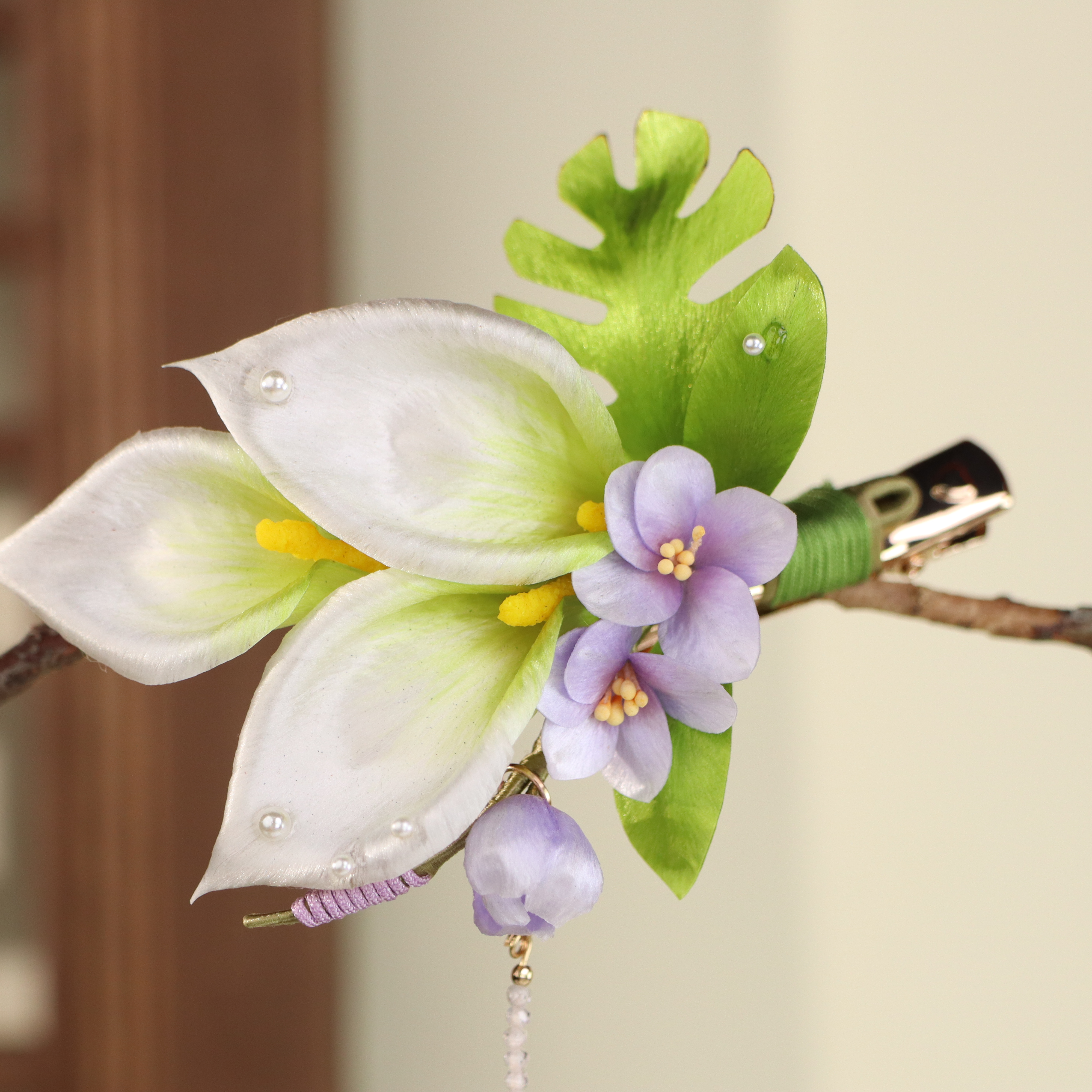 非遗绒花白绿色马蹄莲发夹古风简约（使用后不可退）3