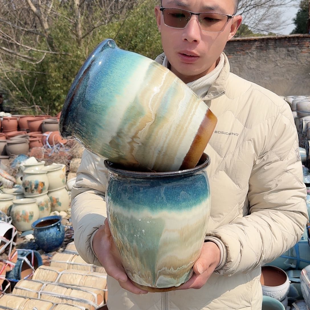 紫砂花盆口18高22两个水墨画绿老庄