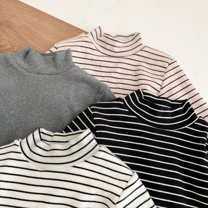 A类半高领纯棉打底衫 冬季男童女童条纹中领加厚保暖百搭长袖T恤