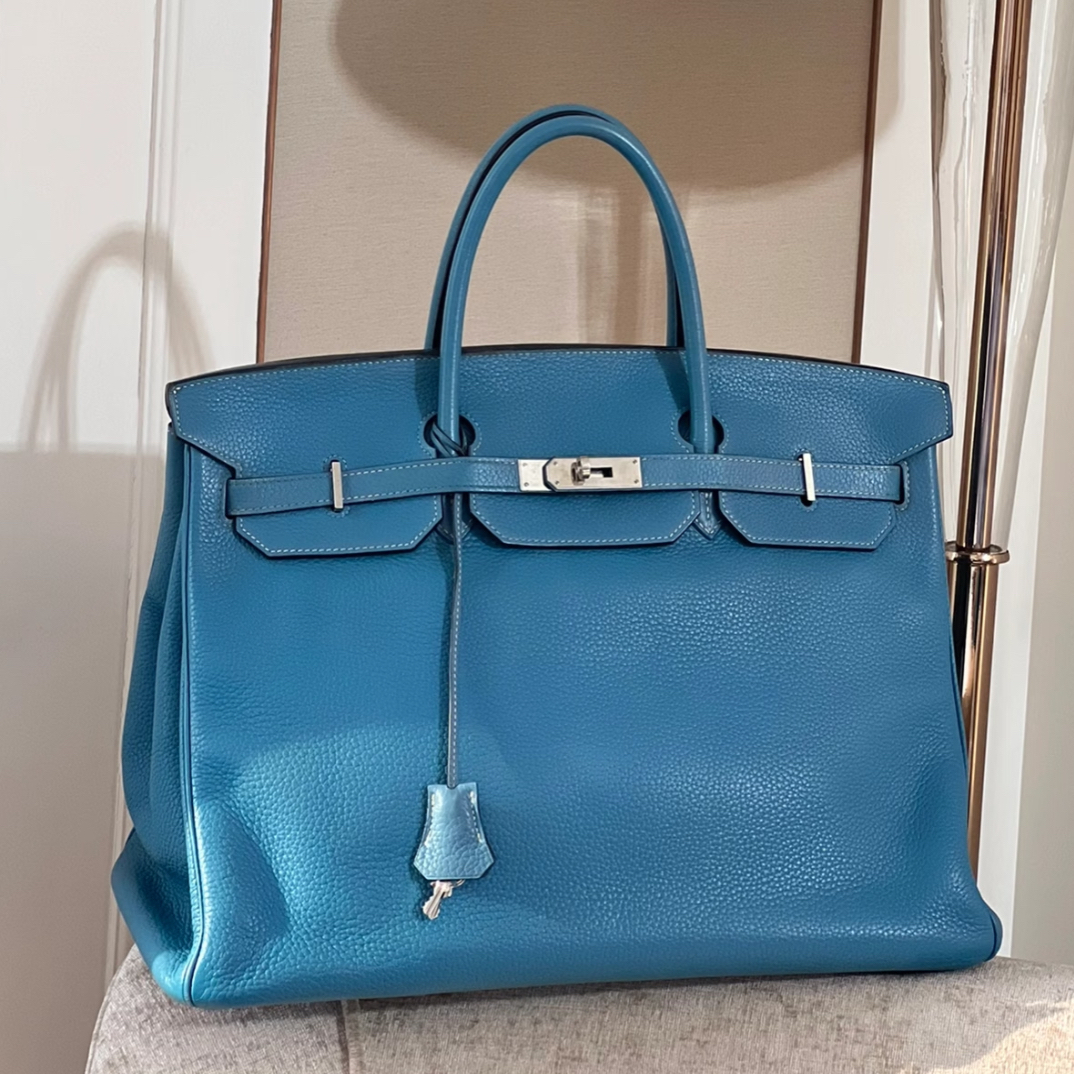 99新 Hermes/爱马仕 爱马仕birkin40牛仔蓝银扣togo皮N手提包