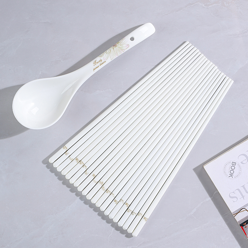 春暖花开10双筷子家用大汤勺餐具纯白陶瓷筷子喝汤手工健康筷子