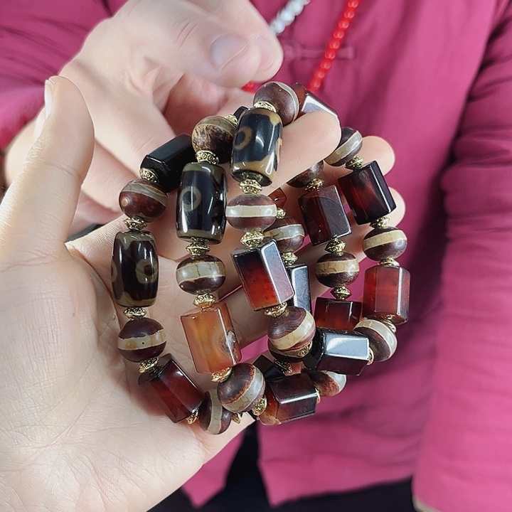 玛瑙手链未镶嵌丅39三目带一线药师血离子桶珠发其一