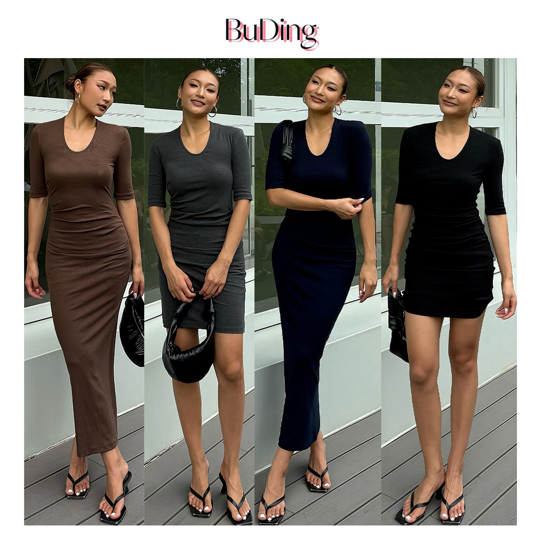 BuDing 高级感气质U型鹅蛋领修身包臀中袖连衣裙