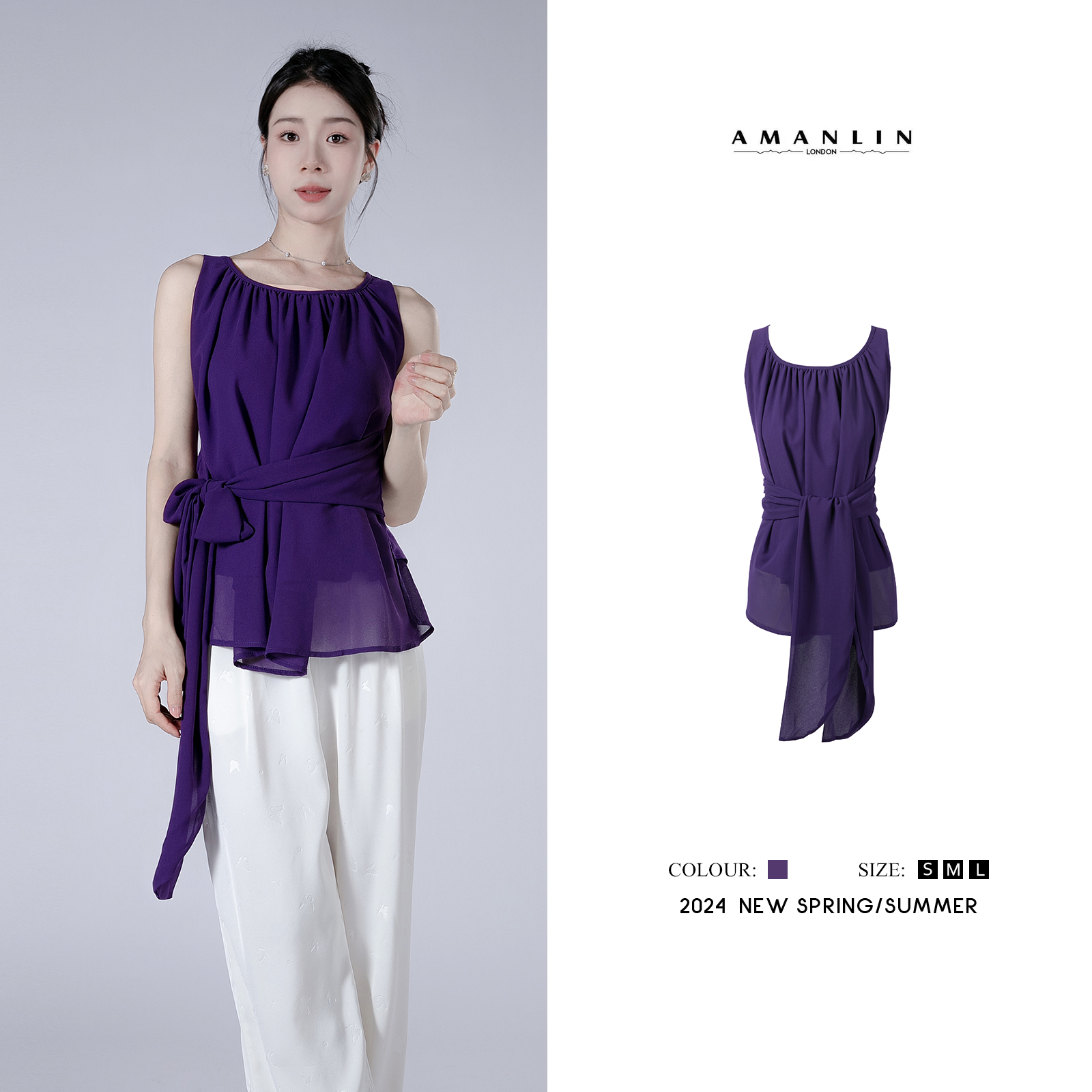 夏季时尚气质紫透气无袖绑带蝴蝶结百搭上衣WS600085