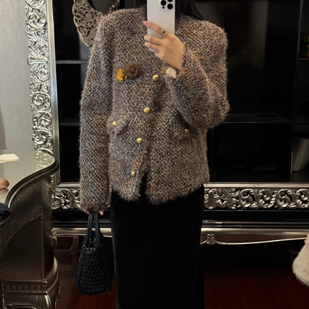 秋冬款羽绒填充粗花呢编织小香风名媛外套轻奢百搭080