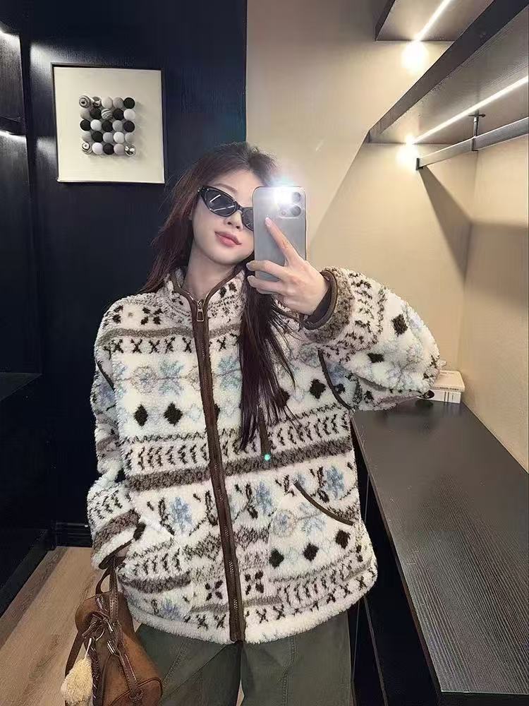 费尔岛冬装新款大码女甜美百搭加厚保暖慵懒风毛毛外套