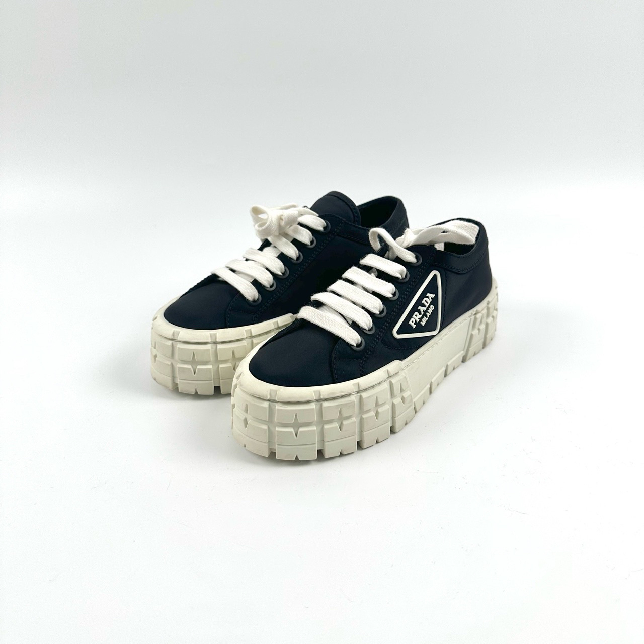 95新 Prada/普拉达 36.5码 黑色Wheel Double厚底鞋 98新SY