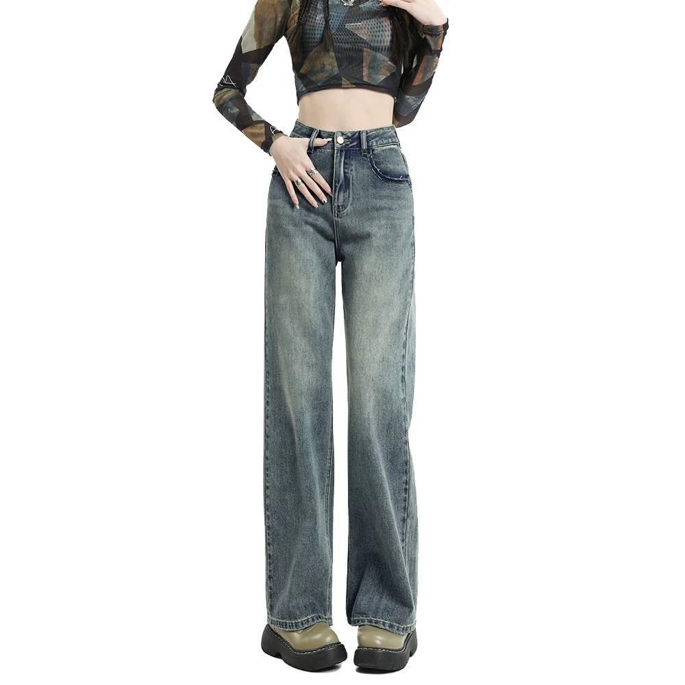 春季新款阔腿牛仔裤高级复古高腰显瘦显腿长约会女裤气质休闲裤