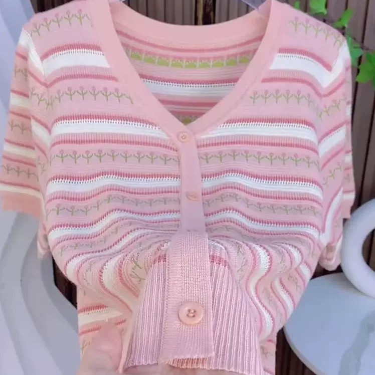 【V领小花短袖】上衣开衫毛衣针织衫夏季女装