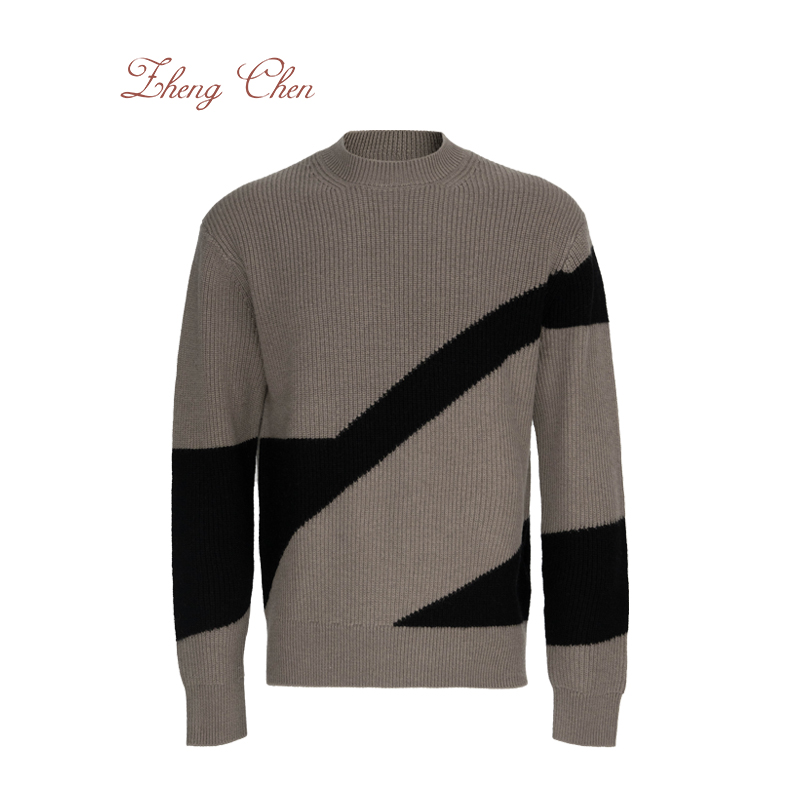 Zhengchen/正辰100美利奴羊毛元宝针加厚撞色花型毛衣 Y-M96188