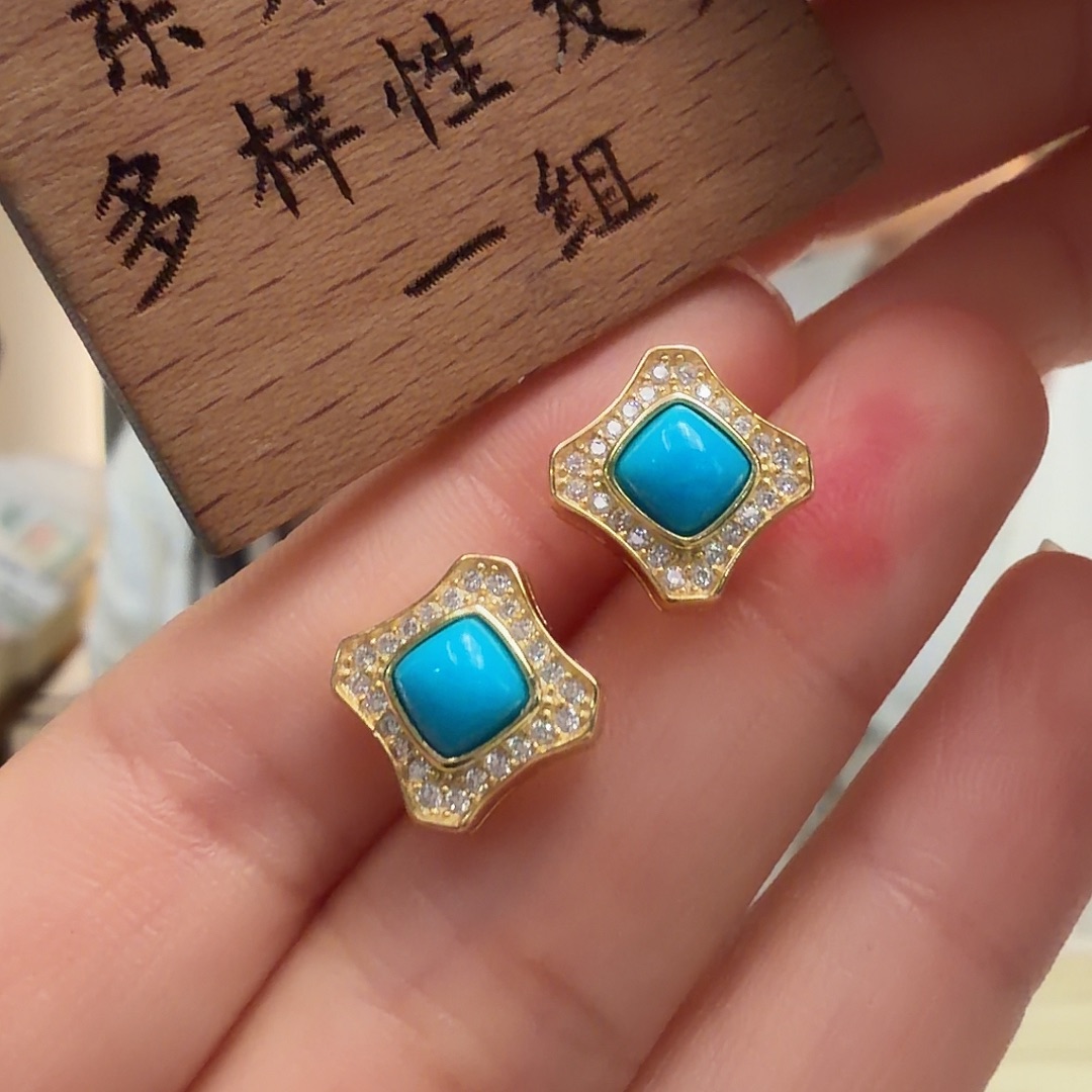 绿松石银S925镶嵌耳饰