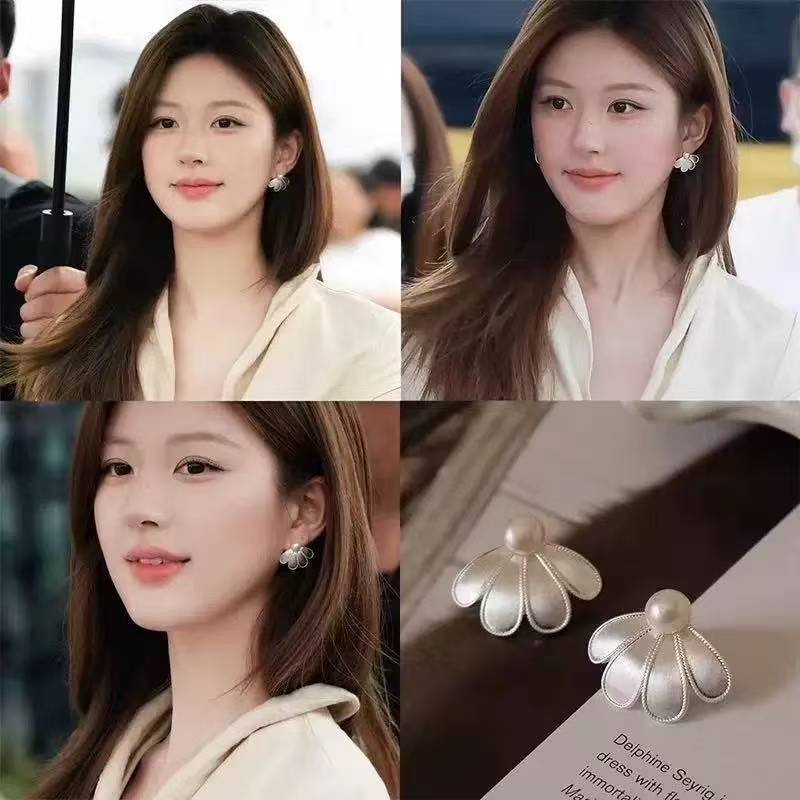 925银仿珍珠耳饰 秋冬上新花瓣珍珠耳环女小众设计感磨砂银针耳饰