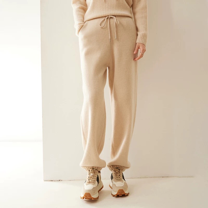 【D·MEITE】100%纯山羊绒康赛妮四平加厚高定抽绳设计女士休闲卫裤