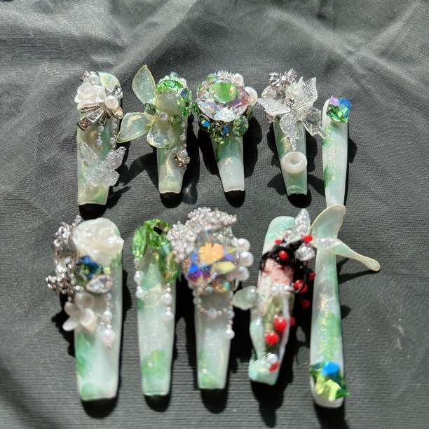 琉璃浅-姚奈儿纯手工掐丝珐琅蝴蝶雕花显白新款晕染全钻锆石美甲