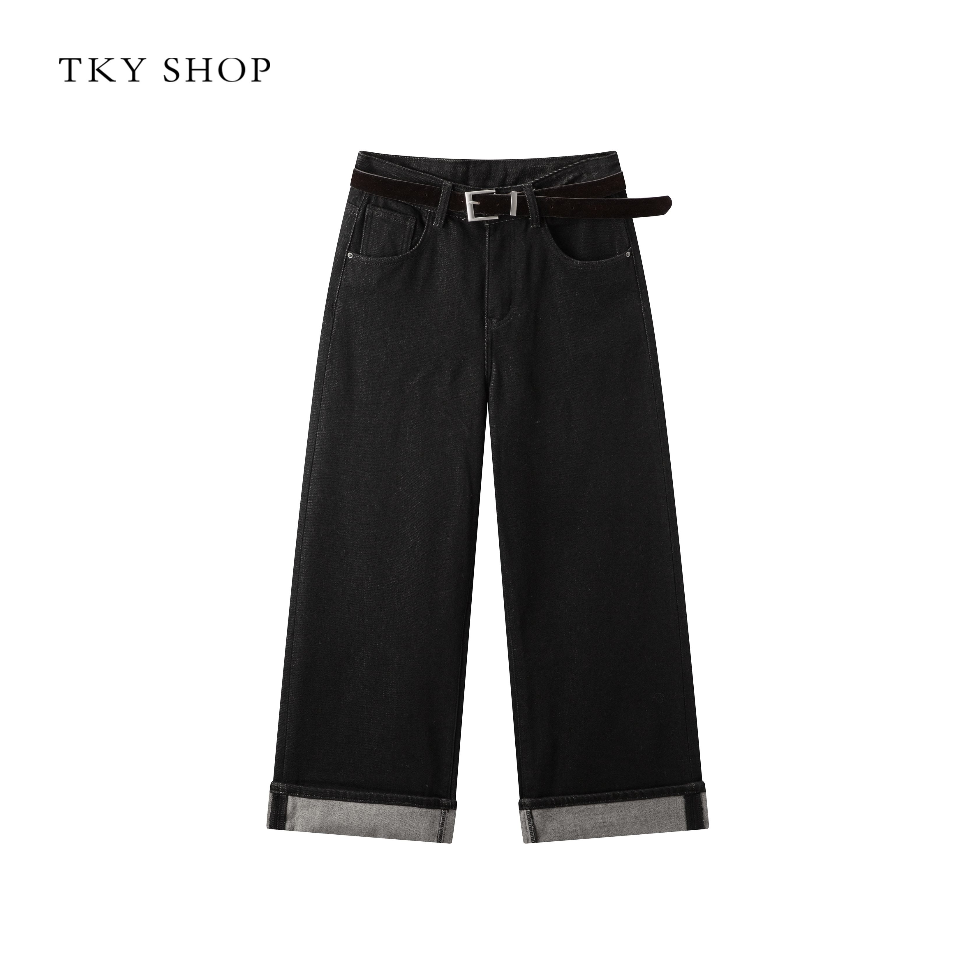 TKYSHOP【配皮带】复古黑色直筒牛仔裤气质休闲阔腿裤 10H1OA00D383