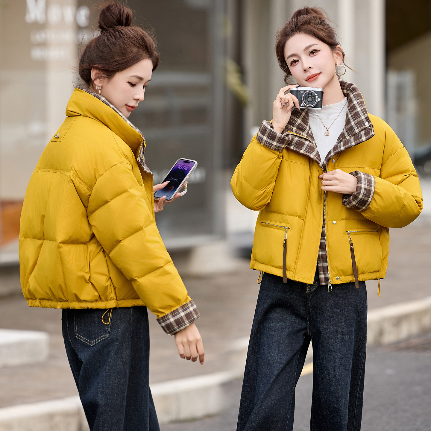 时髦短款羽绒服女2025冬季新款小个子时尚洋气格子拼接白鸭绒外套