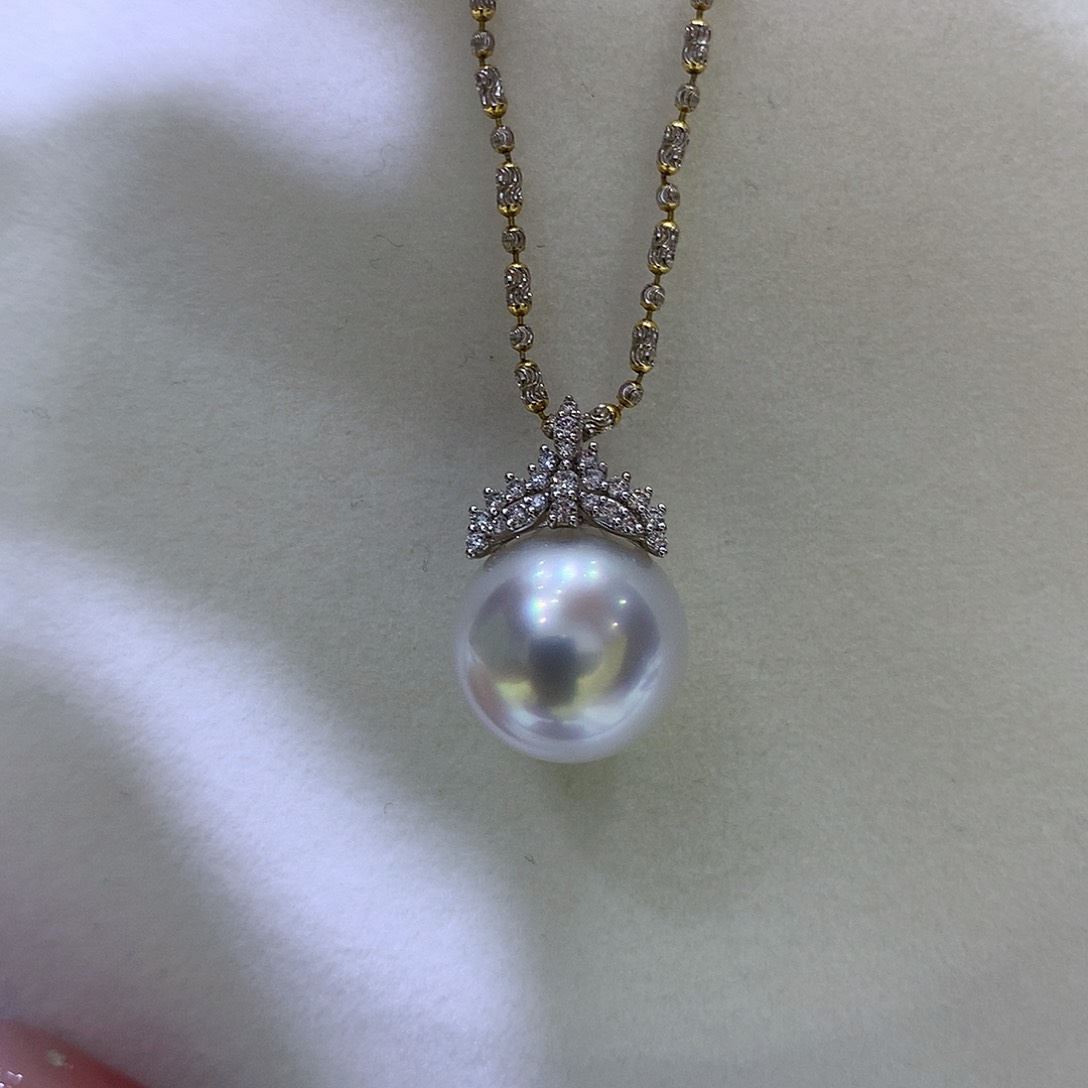 海水珍珠吊坠(不含链)18K金镶嵌13/14mm澳白