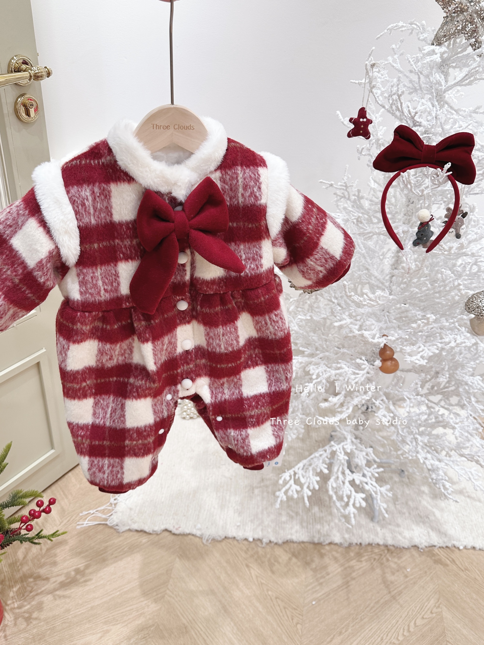 三小朵2449婴儿女宝宝冬季连体衣气质格子小香夹棉冬款爬服幼儿