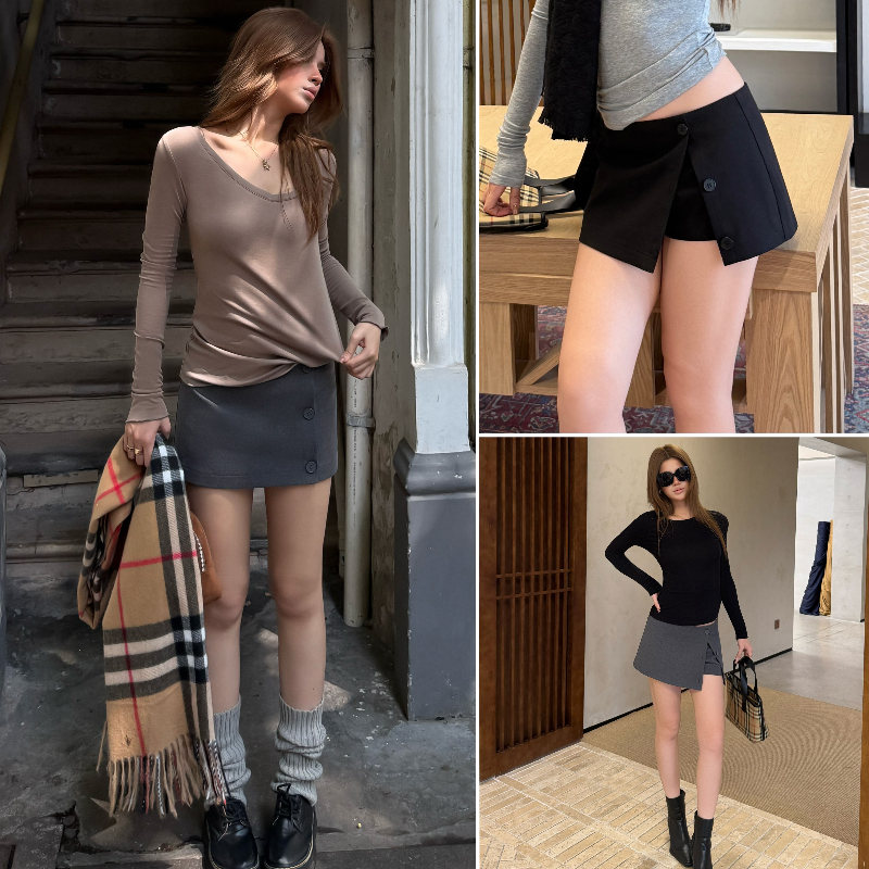 4758纽扣开叉裙裤女秋冬新款修身显瘦mini西装包臀短裙A字裙